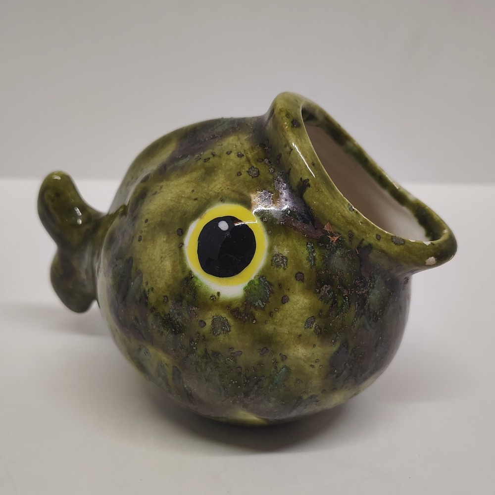 Fish Pottery Planter Green Sponge Holder Vase Rustic Decor Vintage